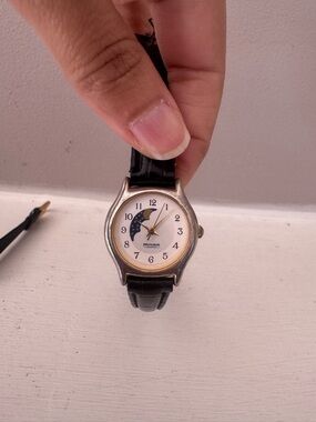 Milan Quartz Classic Black Leather Strap Women's Watch with Moonphase Dial